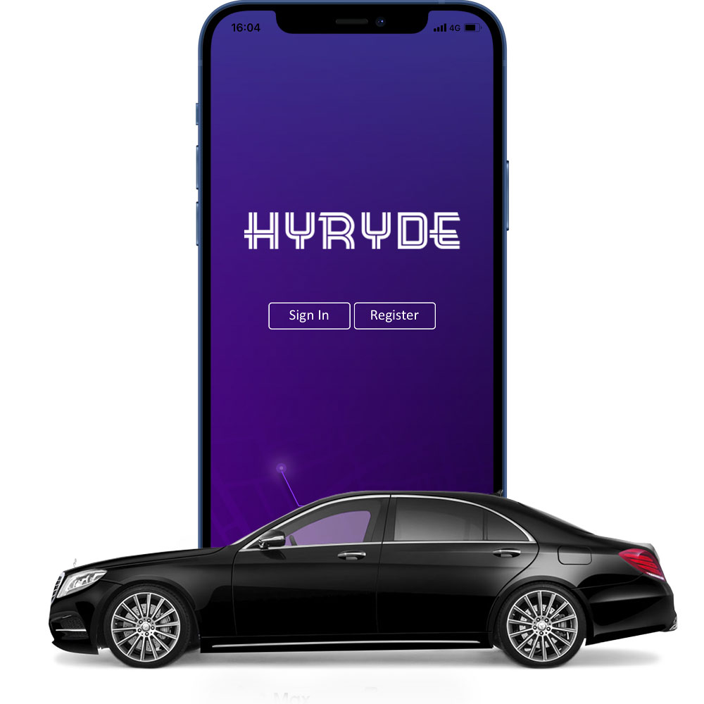 Luxury car next to the HYRYDE mobile app interface, representing opportunities for new chauffeurs