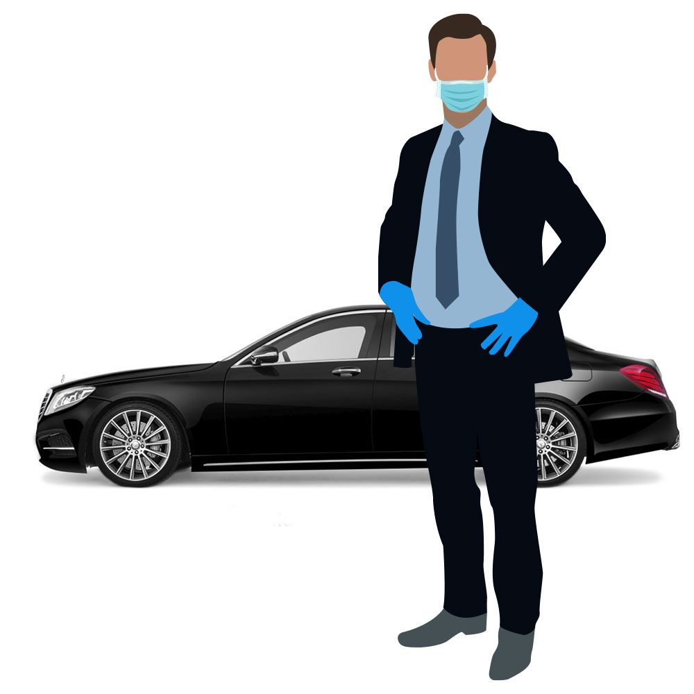 Illustration of chauffeur standing in front of Mercedes S class wearing a face mask and gloves