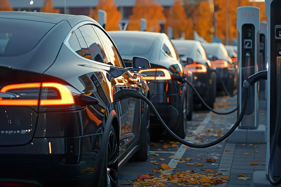 Black electric car plugged into a charging station