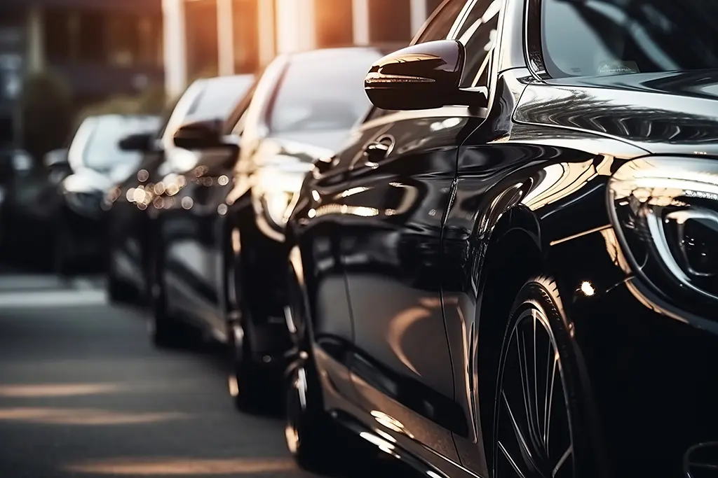 Close-up of a luxury modern black car, showcasing sleek design and elegance