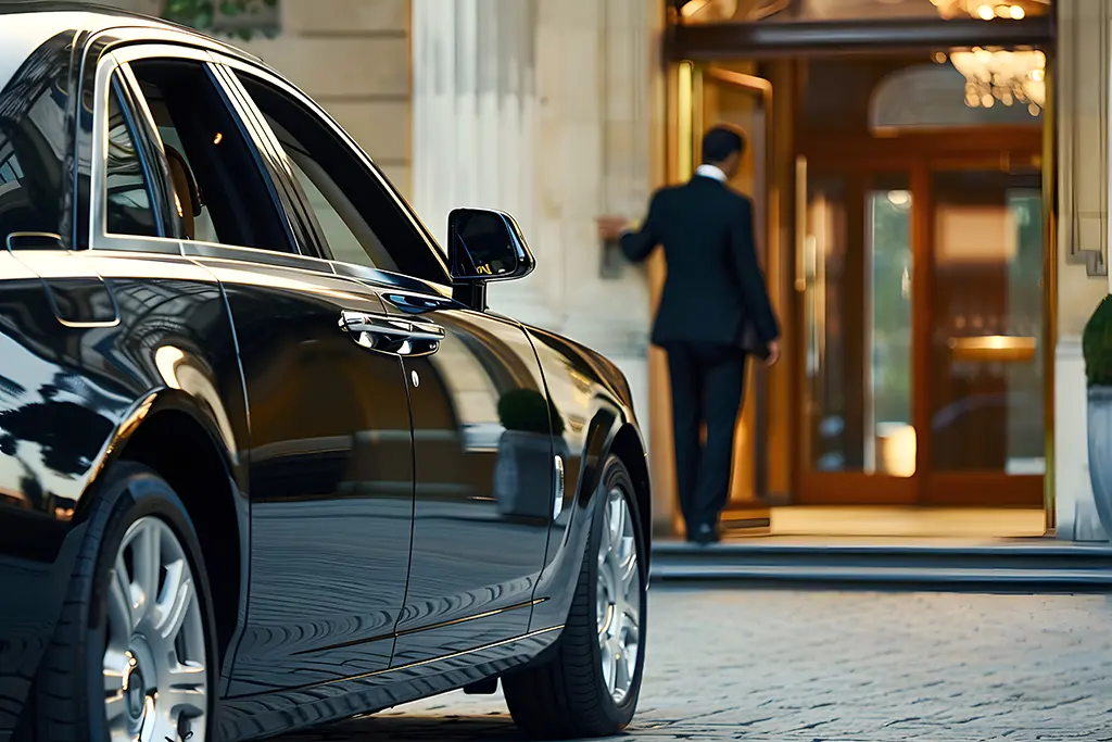 Chauffeur standing beside a luxury car at an upscale hotel entrance