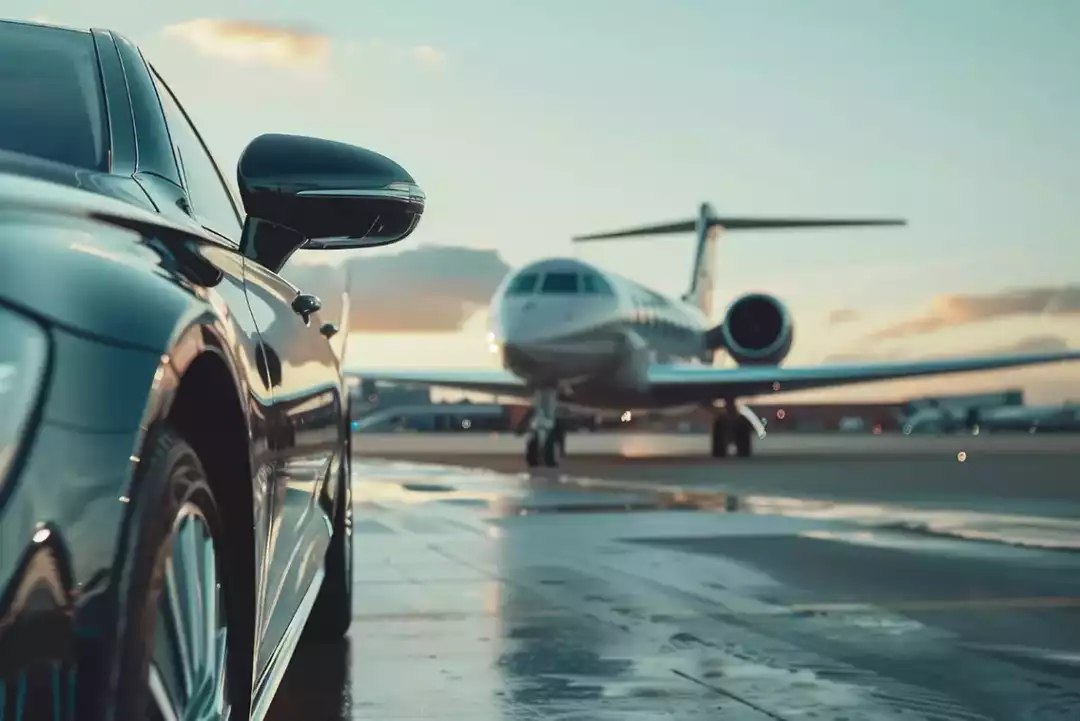 Luxury car parked near a private jet on the runway, symbolising premium FBO airport transfer services.