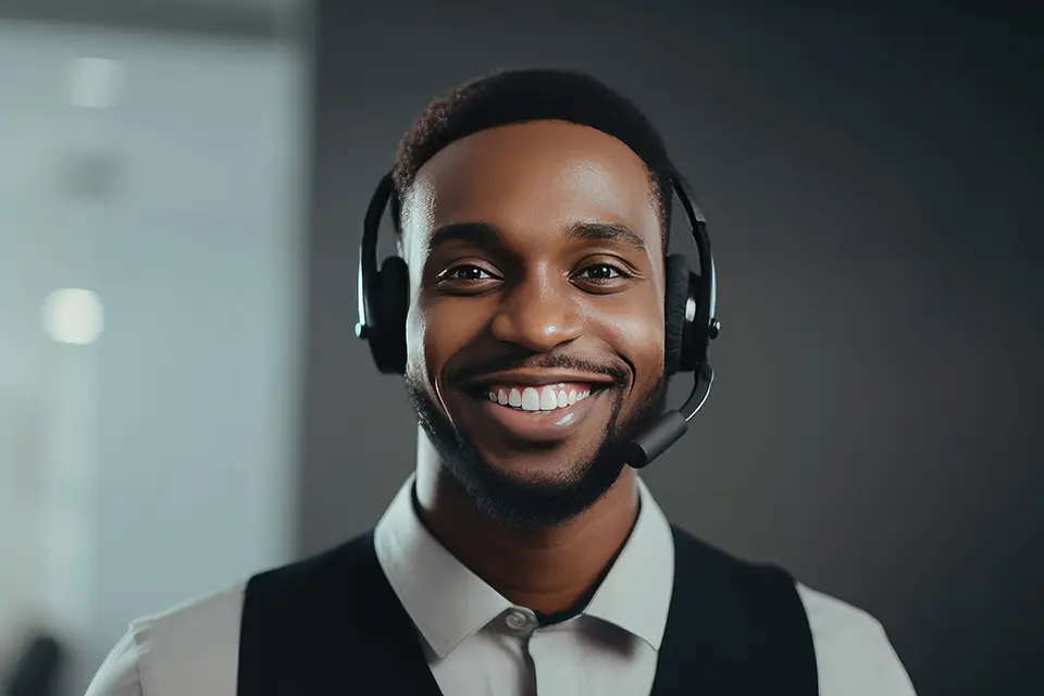 Young Black man working as a call centre agent, providing customer support.