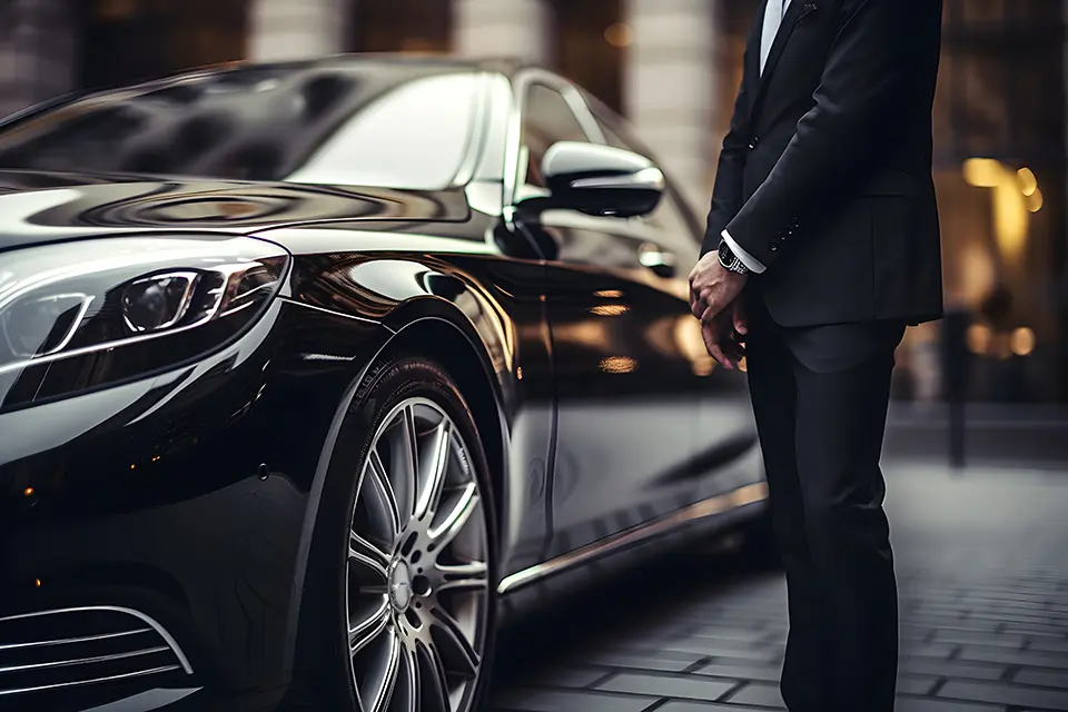 Professional chauffeur standing near a luxury car, representing chauffeur services for financial roadshows