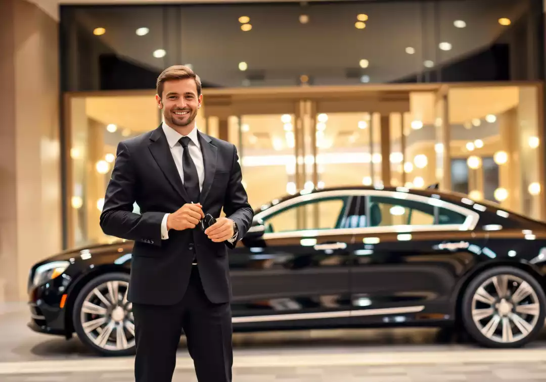 Well-dressed Chauffeur in a black uniform standing beside a luxury car at a grand hotel entrance.