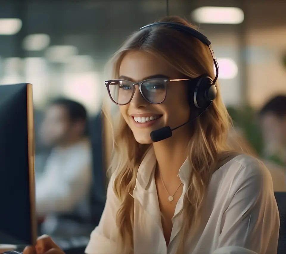 Smiling blonde woman in a white blouse and glasses, talking on a headset while working at her desk in an open-plan office