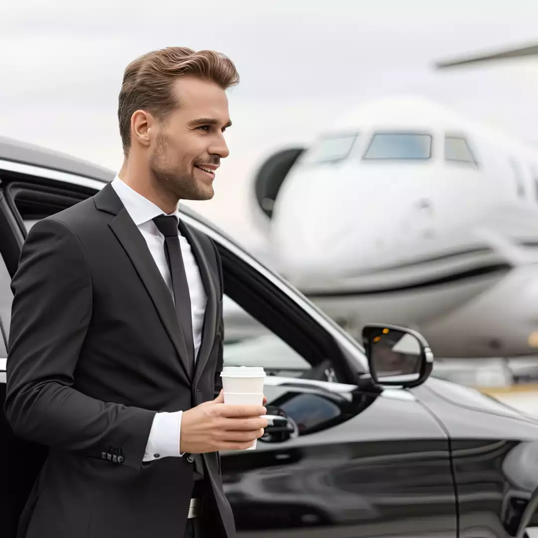 Businessman in a suit standing next to a black sedan with a coffee cup, with a private jet in the background, illustrating a seamless private jet transfer experience