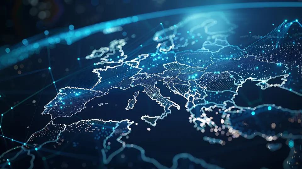 Abstract digital map of Europe representing global network and connectivity for event transportation services