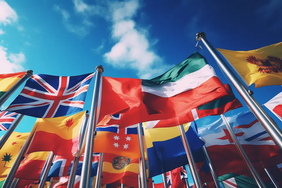 A collection of various international flags representing different countries, displayed together.