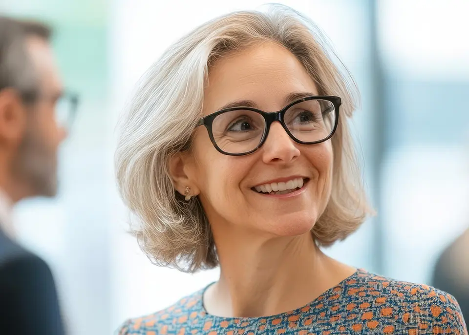 Elderly woman engaging with investors at a startup pitch event, symbolising networking opportunities during financial roadshows