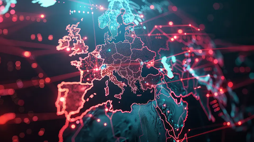 Digital representation of data transfer and global network connectivity across Europe, highlighting cyber technology and communication.