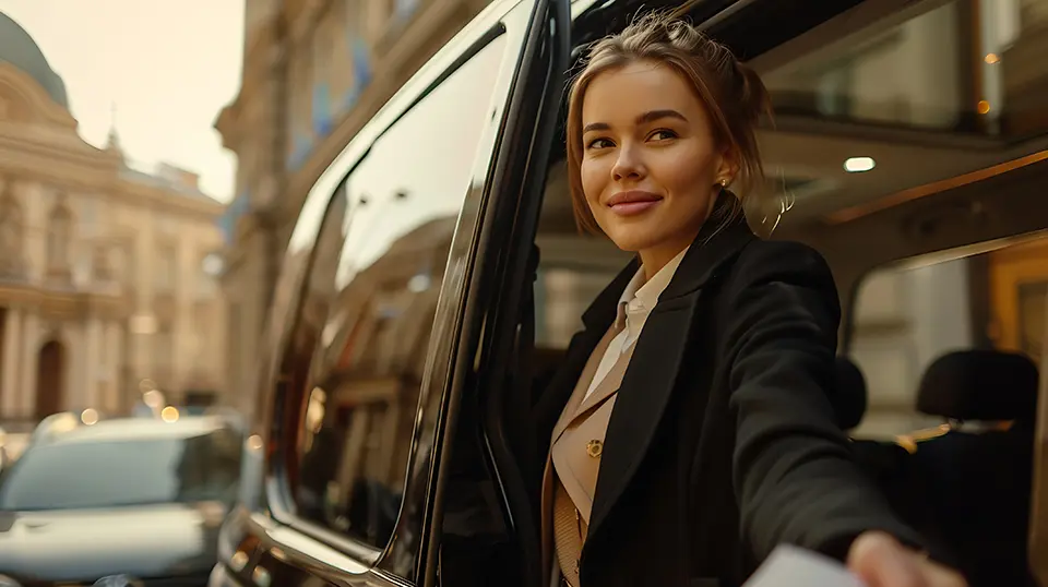 Female chauffeur assisting a businesswoman by opening the door of a luxury black minivan, symbolizing premium chauffeur services.