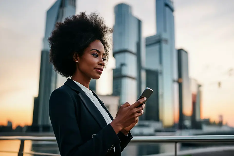 Businesswoman in a suit looking at her cell phone, representing professional communication and mobile connectivity.