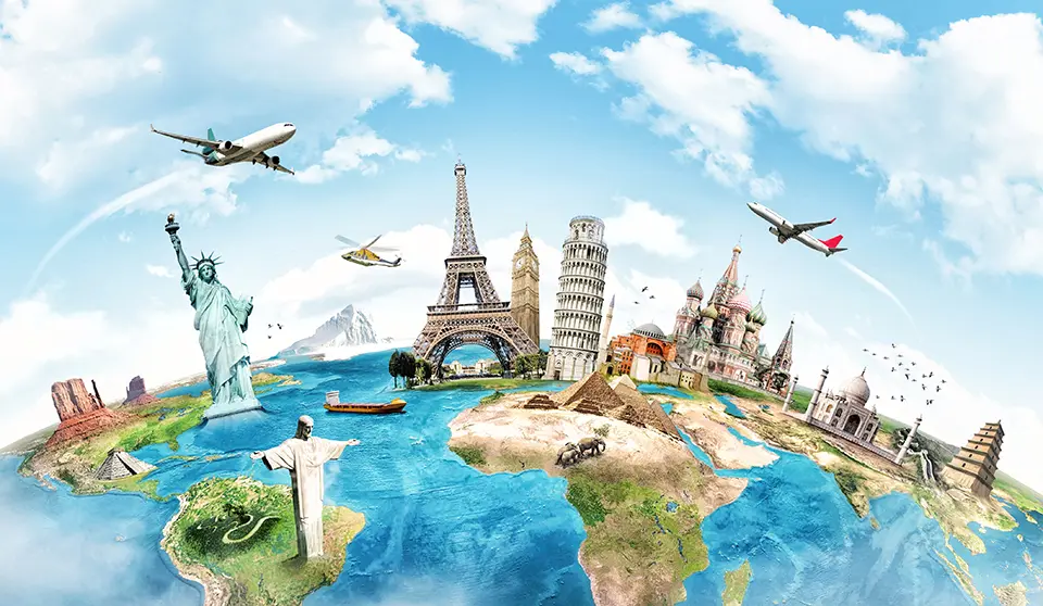 Various world monuments, including the Eiffel Tower, Statue of Liberty, and Big Ben, symbolizing global travel and exploration.