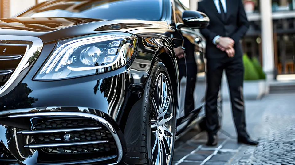 Professional driver near a luxury car, offering premium chauffeur service