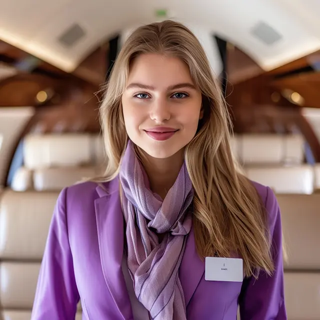 Smiling flight attendant in a lavender uniform onboard a private jet with an elegant interior, illustrating luxury and professional service in private jet transfer experiences