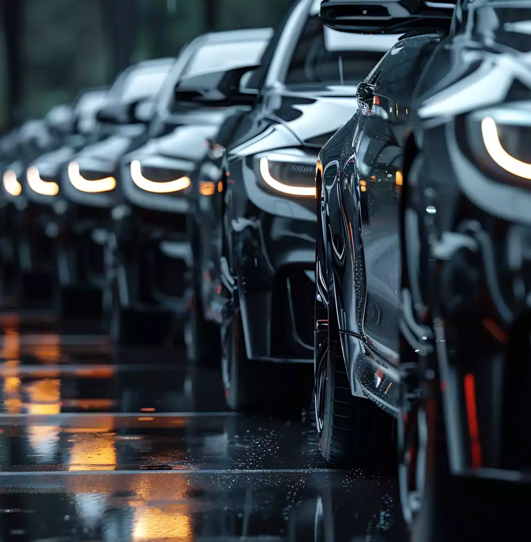 Black luxury sedan cars standing in a row on a wet surface, representing a premium car fleet.