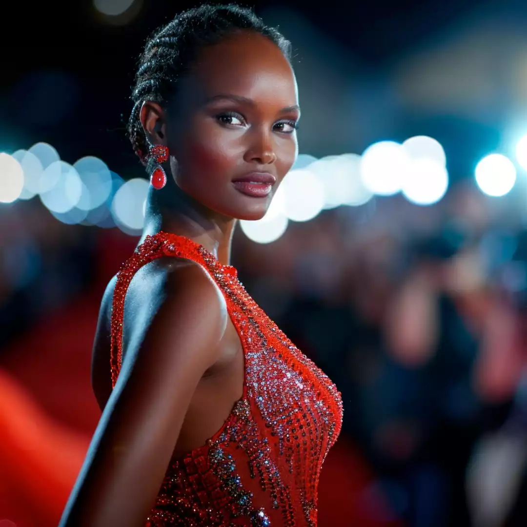 African American actress on the red carpet at a high-society event, surrounded by press and photographers, perfect for TV & Film Chauffeur Services