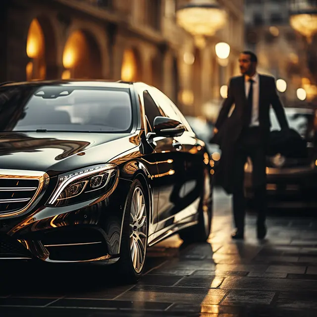 Professional chauffeur standing beside a luxury car, representing global chauffeur airport transfer services