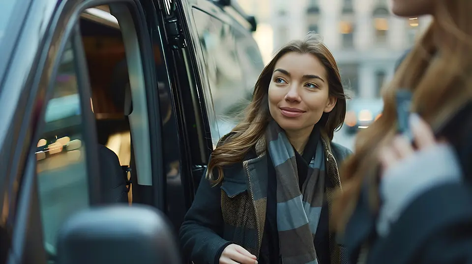 Female chauffeur assisting a businesswoman out of a luxury black minivan, representing global chauffeur airport transfer services