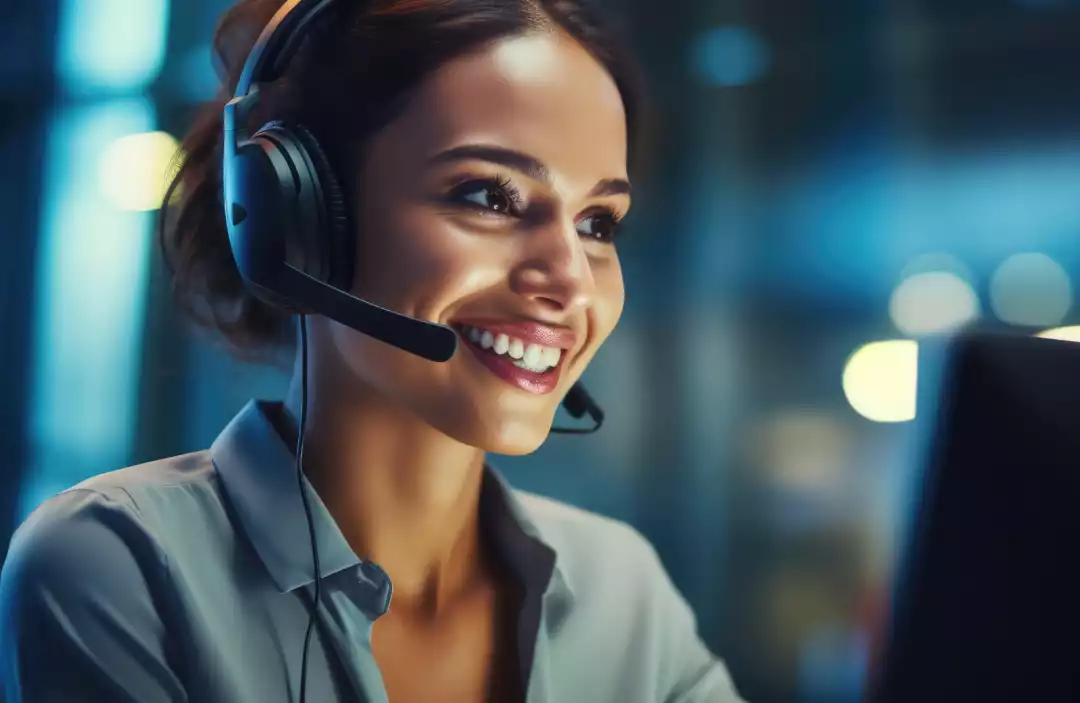 Call centre woman providing courteous customer service in front of a laptop at night