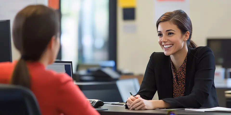 Professional customer service representative engaging positively with a client, showcasing support for global chauffeur airport transfer inquiries