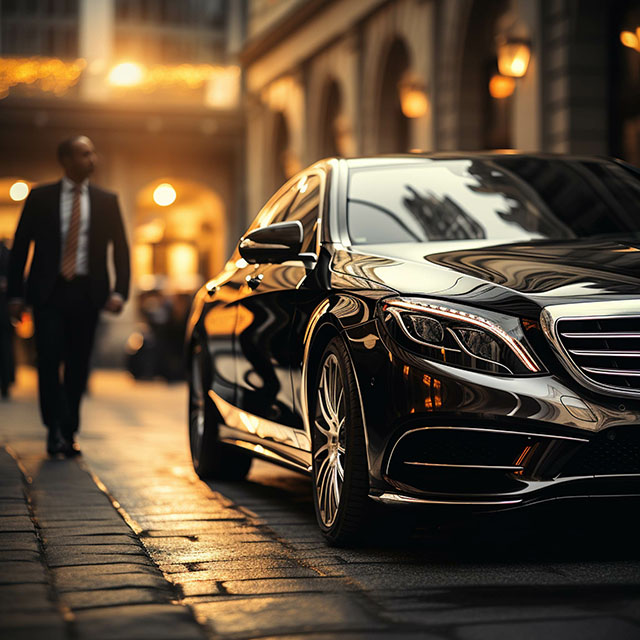 Professional chauffeur standing near a luxury car, providing Roadshow Chauffeur Service