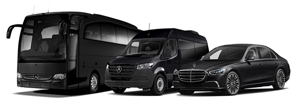 A coach, a van, and a car parked in a row, representing a REP Meet & Greet service.