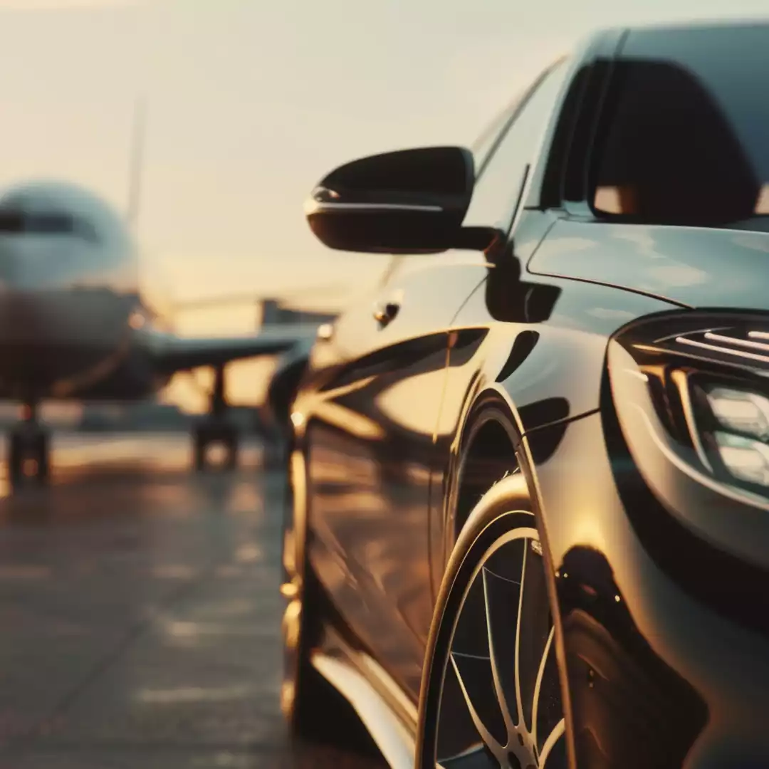 Luxurious car parked near an airliner at twilight, representing premium airport transfer services