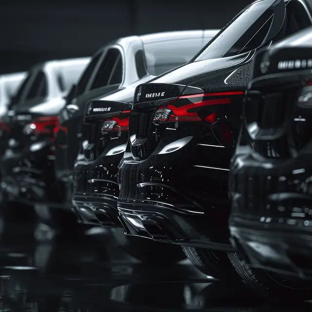 Row of black luxury sedans on a wet surface, showcasing the sleek and modern vehicles ideal for the HYRYDE Fleet Partnership