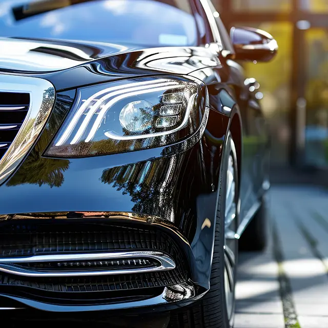 Black luxury car parked near a modern office building, representing HYRYDE’s global chauffeur network for executive transportation