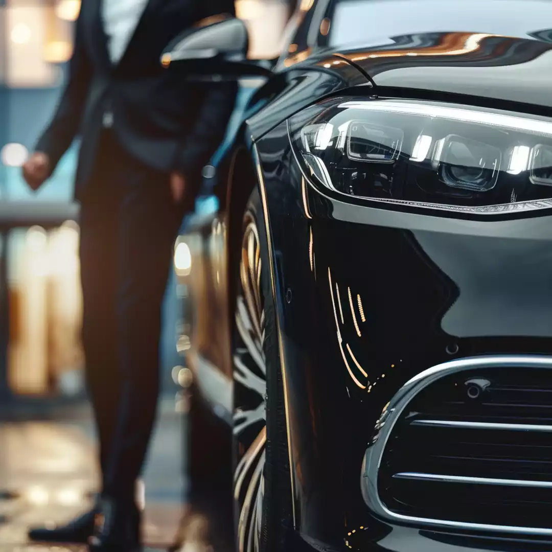 A man standing in front of a black luxury car, representing the essence of a Limo Affiliate service