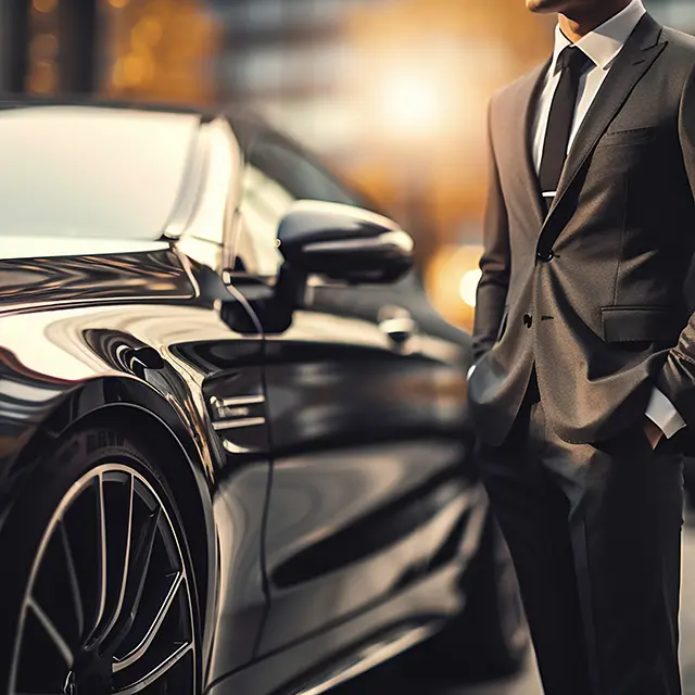 Elegant chauffeur in a suit standing next to a luxury car, representing the professionalism expected from new chauffeurs at HYRYDE