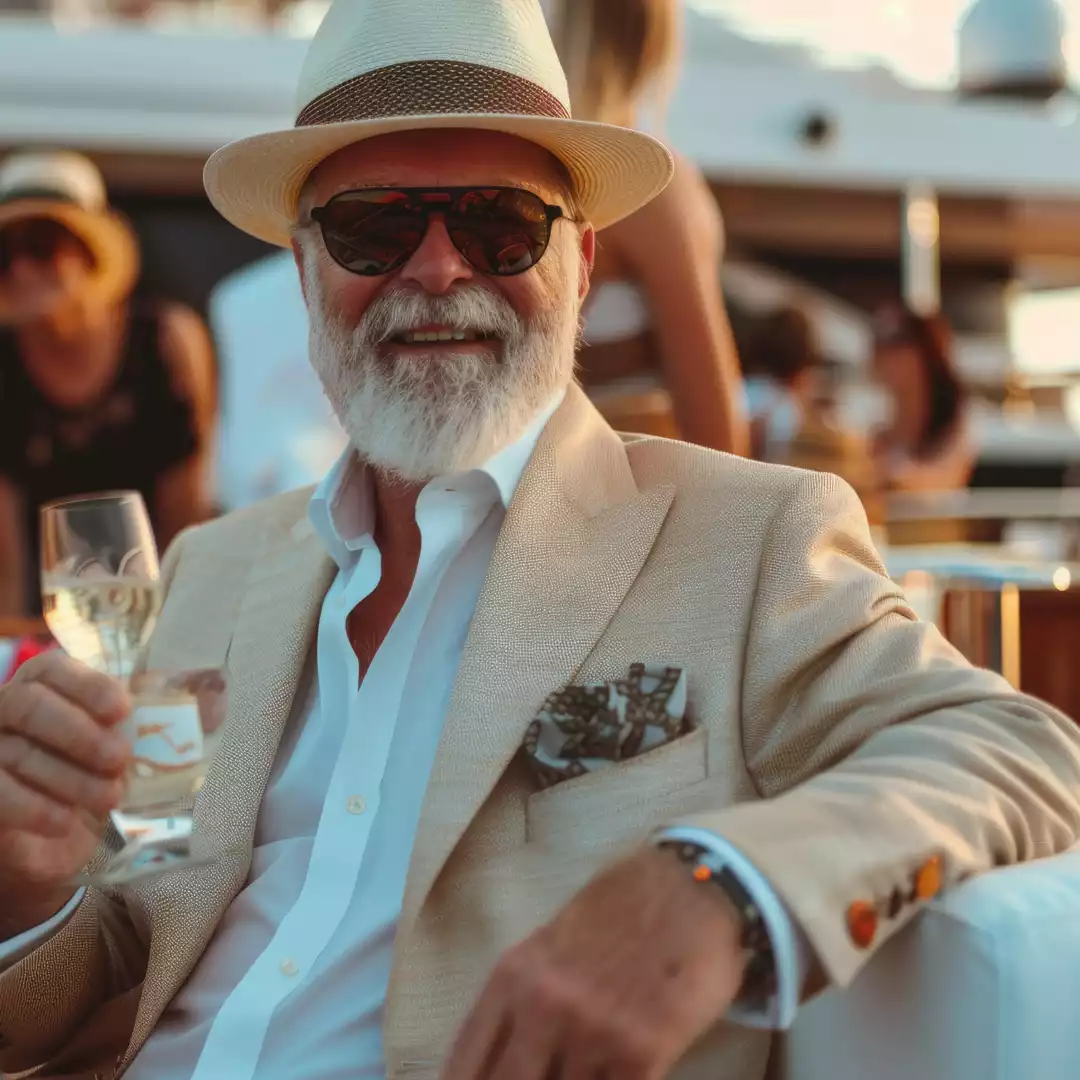 Wealthy senior man at a luxury yacht party, representing exclusive yacht transfer services for a billionaire lifestyle