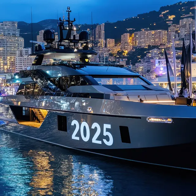 Luxury yacht docked in Monaco Marina at twilight, representing elegant yacht transfer services for high-profile clients