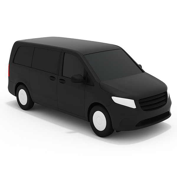 Business Van – Group & Executive Transfer Vehicle Black business-class van with a spacious design and tinted windows, viewed from a front-left angle.