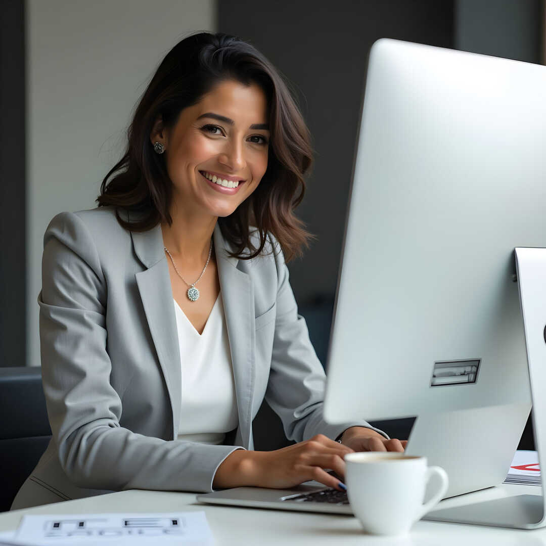 Professional Executive Assistant at Work in Corporate Office Smiling executive assistant in a modern office, working at a desktop computer