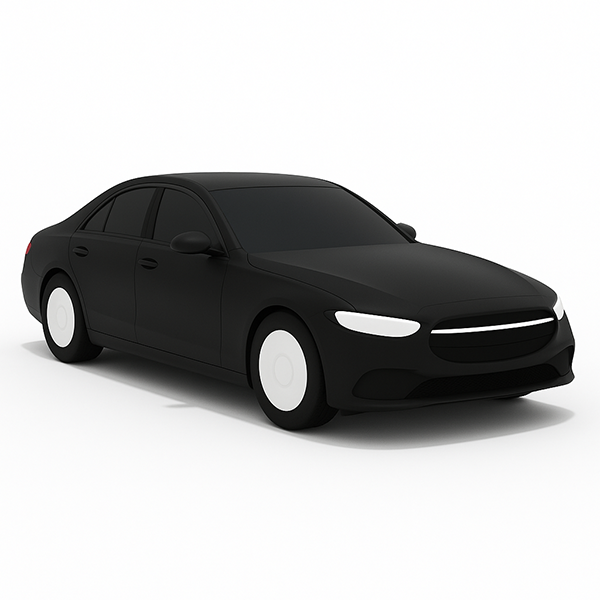 First Class Sedan – Luxury Chauffeur Experience Black first-class sedan with a polished, luxurious design and tinted windows, viewed from a front-left angle.