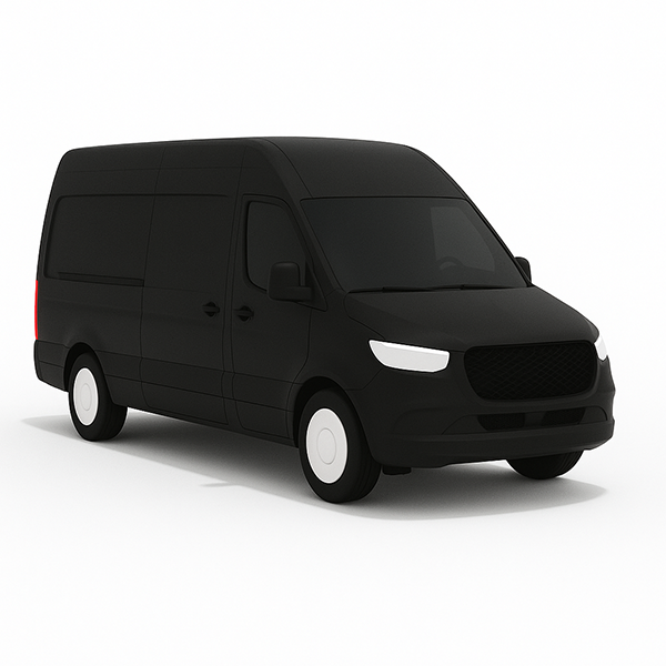 Black Sprinter van with a tall roof and extended body, viewed from the front-left angle.