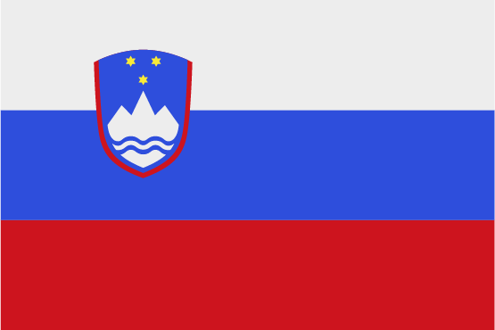Slovenia national flag with white, blue, and red stripes and coat of arms.