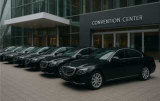 Fleet of luxury black sedans lined up outside a modern convention centre for event transfers.