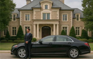 Chauffeur with luxury black sedan outside an upscale property with grand architecture.