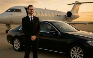 Luxury black sedan parked outside a modern corporate building with professionals nearby.