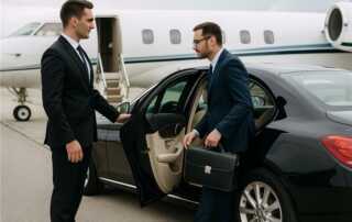 Chauffeur assisting a business traveller beside a luxury black sedan with a private jet in the background.