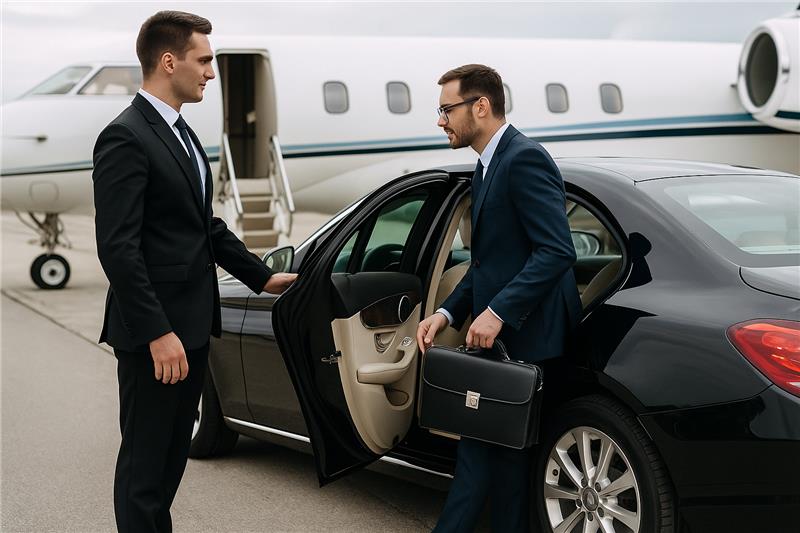 Chauffeur assisting a business traveller beside a luxury black sedan with a private jet in the background.