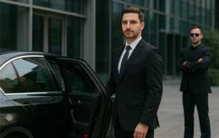 Chauffeur with security team beside a luxury black sedan outside a corporate office.