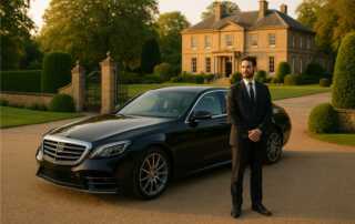 Chauffeur with luxury black sedan outside an elegant private estate with landscaped gardens.