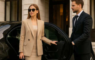 Chauffeur opening the door of a luxury sedan outside a five-star hotel entrance.