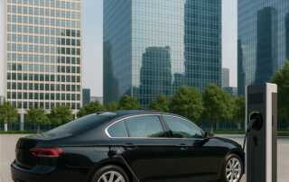 Black electric luxury sedan charging at a modern EV station in a city business district.