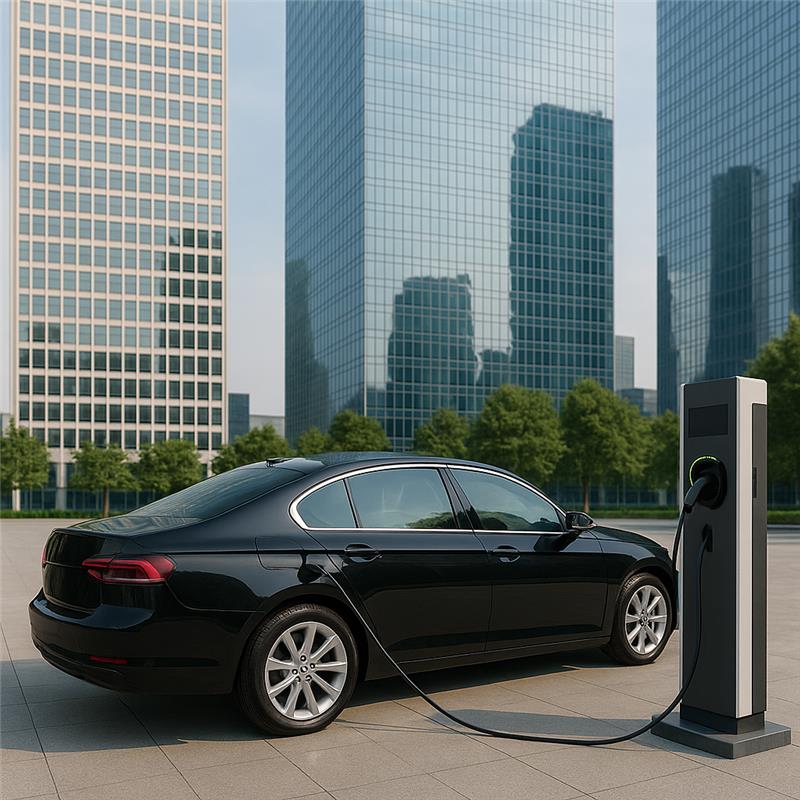 Black electric luxury sedan charging at a modern EV station in a city business district.